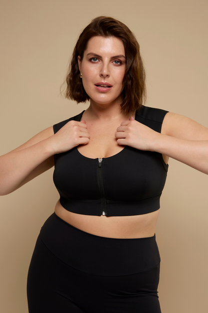 Front view of a black Etalon 2.0 posture brace bra, designed for comfortable everyday support.