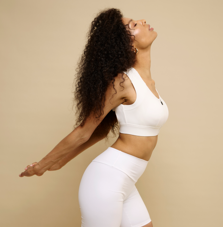 White posture bra from the side for shoulder and back support and body alignment.